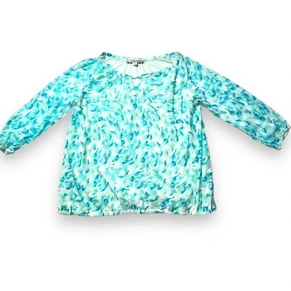 Larry Levine Tonal Floral Semi Sheer Sleeve Boatneck Turquoise Blouse Size M